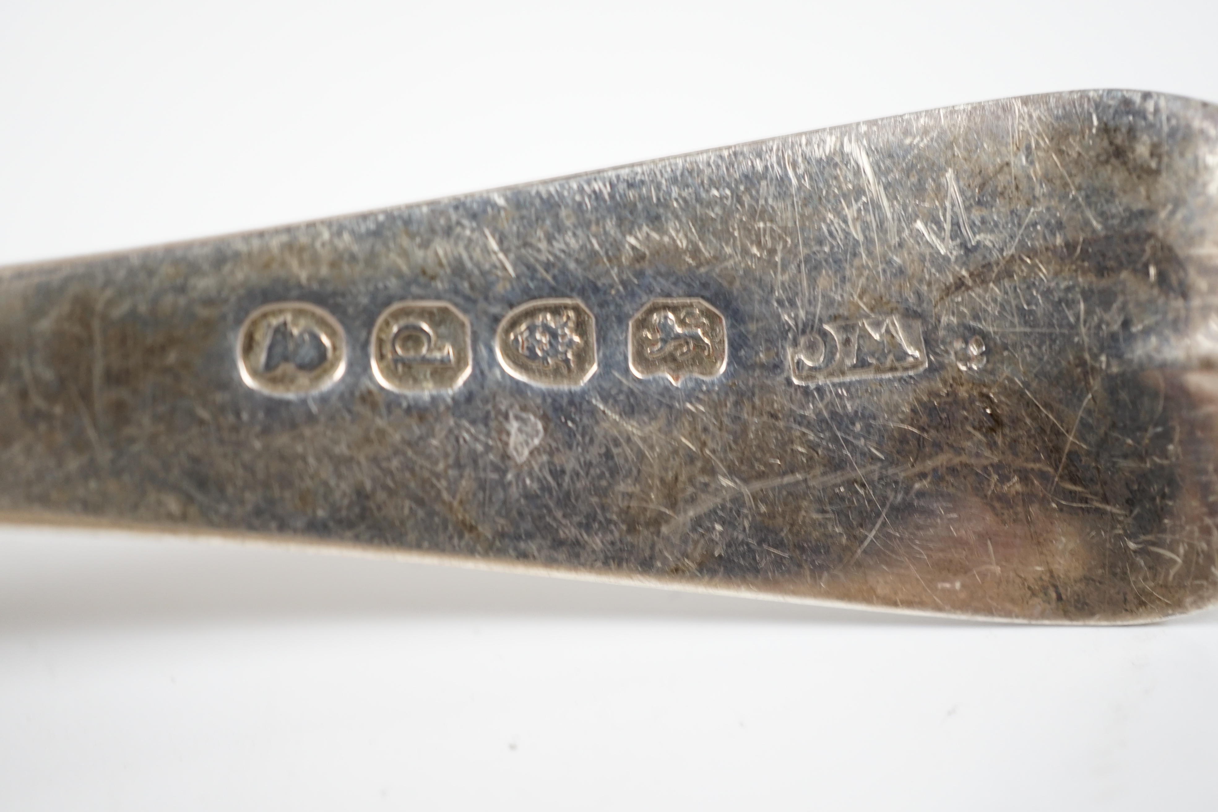 A George VI cased silver christening trio, Sheffield, 1946/7, a matched silver christening pair and a cased set of six silver pastry forks. Condition - fair to good